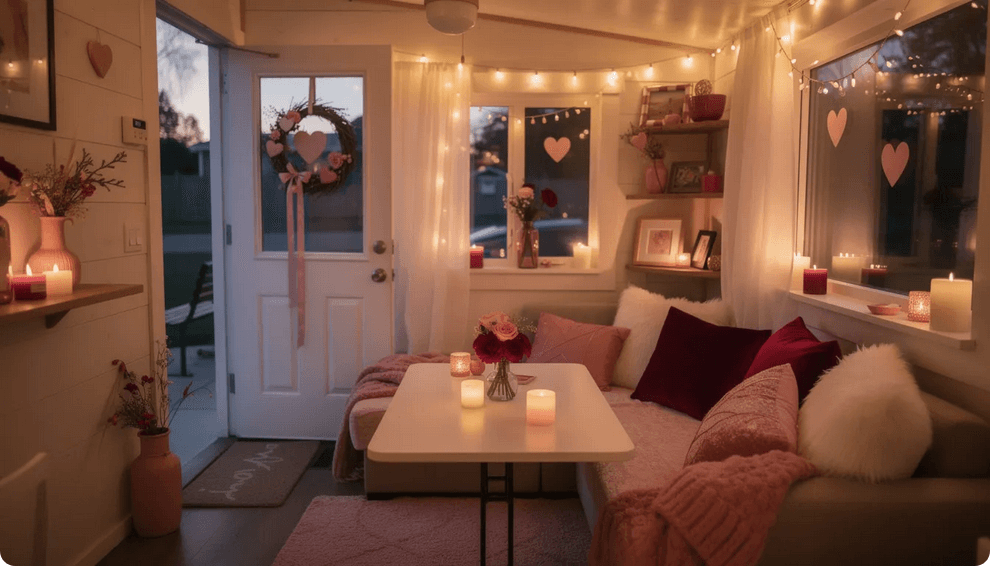 The image depicts a cozy tiny home beautifully decorated for Valentine's Day, featuring a compact floral centerpiece, warm fairy lights, and soft, luxe throw pillows that enhance the romantic ambiance. Heart decals adorn the windows, while scattered candles and a festive garland on the door add a charming touch, creating an inviting space perfect for celebrating love with a special someone.