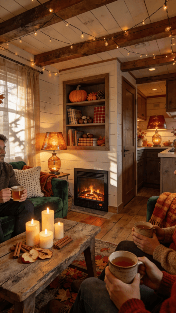 Tiny home autumn lighting The image showcases a cozy tiny home interior illuminated by multiple warm light sources creating an inviting atmosphere perfect for fall evenings Flameless candles with autumn scents like cinnamon and apple enhance the ambiance making it a delightful space for friends and family to gather
