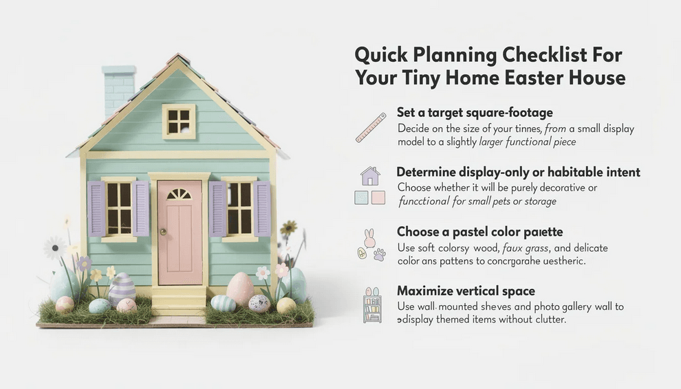 Tiny home easter checklist The image features a beautifully designed Easter tiny home showcasing a pastel color palette with shades of mint green lavender and blush pink Adorned with floral patterns and wall mounted shelves displaying themed decorations this adorable tiny house embodies the spirit of Easter while maximizing space for a charming and functional display