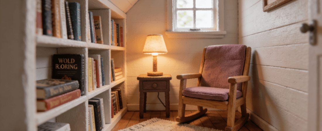 Tiny home reading nook A view of a cozy tiny home with a reading nook