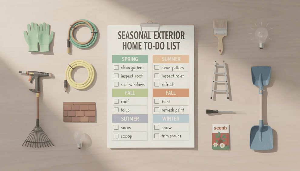 The image features a seasonal to do list for exterior home maintenance highlighting essential tasks such as gutter cleaning power washing and inspecting for wood rot to enhance the home's curb appeal. It serves as a helpful outdoor maintenance checklist for homeowners to ensure their residence remains in good shape throughout the year.