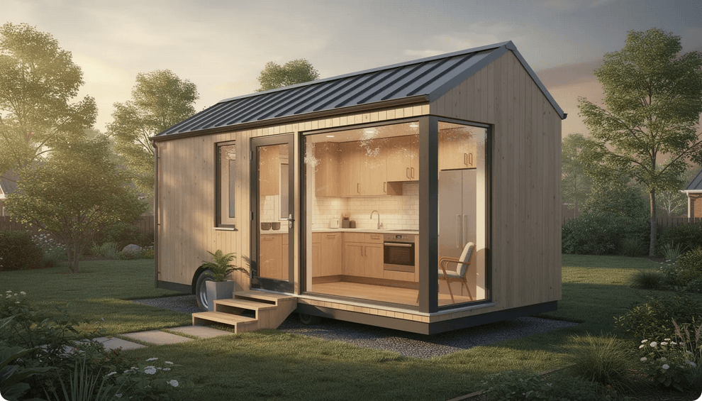 The image depicts a beautifully designed turnkey tiny home showcasing modern aesthetics with high ceilings and quality craftsmanship This tiny house built by a reputable tiny home builder exemplifies the tiny house movement offering efficient living space and customizable features for those seeking a simpler lifestyle