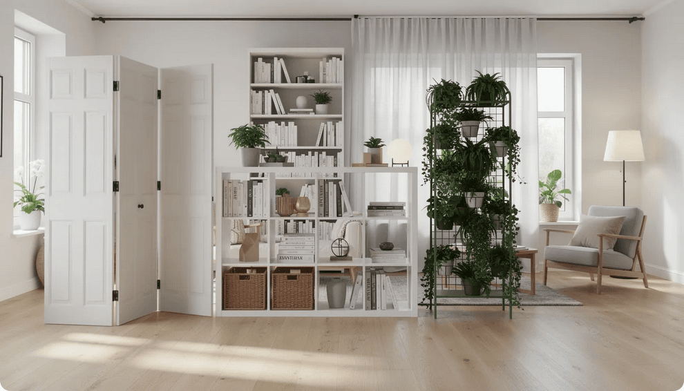 The image showcases various IKEA room dividers including a classic RISÖR folding screen made of solid wood a KALLAX shelving unit that serves both as a storage solution and a stylish room divider and a SOCKER plant stand that adds natural greenery while providing privacy Each divider offers unique features suited for different spaces enhancing both functionality and aesthetics in a home or studio apartment