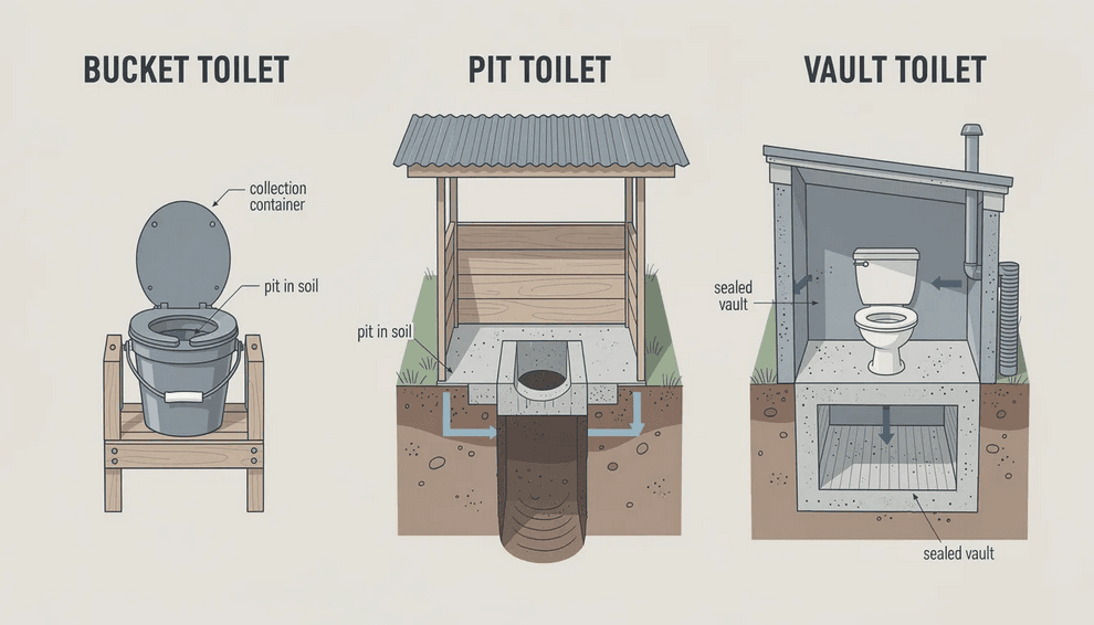 The image showcases various types of ultra low tech toilets including bucket toilets pit latrines and vault toilets designed for off grid living and efficient waste management These sanitation systems are ideal for remote locations focusing on transforming human waste into compost while ensuring proper ventilation and minimal water usage