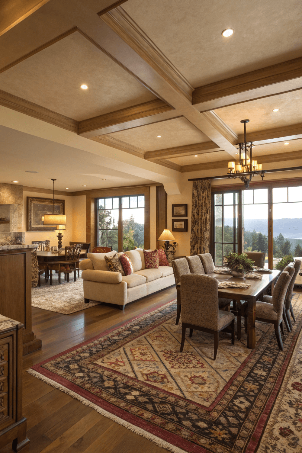 A mid century room with a cozy rug