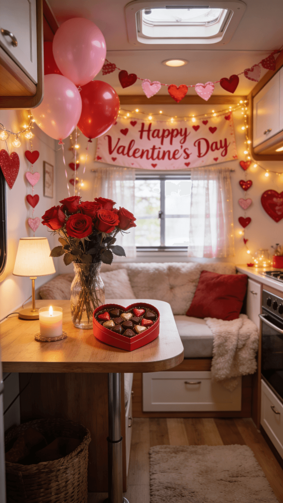 The image showcases a cozy tiny home decorated for Valentine's Day, featuring romantic touches like flowers, chocolates, and festive decor that create a warm atmosphere for a special someone. This creative setup highlights the charm of a tiny house as a perfect romantic getaway to celebrate love and affection on this special occasion.