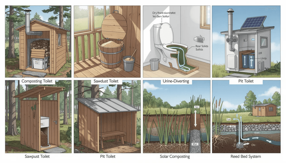 The image showcases various off grid toilet ideas including composting toilets and incinerating toilets designed for efficient waste management in remote locations These systems focus on eliminating human waste while promoting sustainability and proper ventilation making them suitable for off grid living and tiny homes