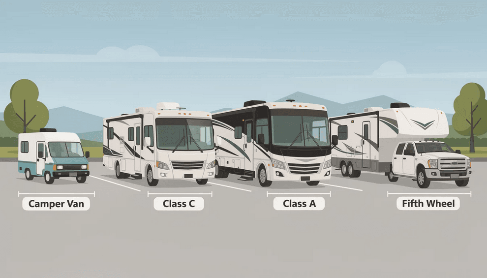 Various rv sizes The image illustrates various RV sizes including class A motorhomes class C models and towable RVs like travel trailers and fifth wheels showcasing their ample space and sleeping arrangements for different types of travelers It highlights the diversity in RV types accommodating everything from solo travelers to families with features such as multiple slide outs and separate sleeping areas for enhanced comfort