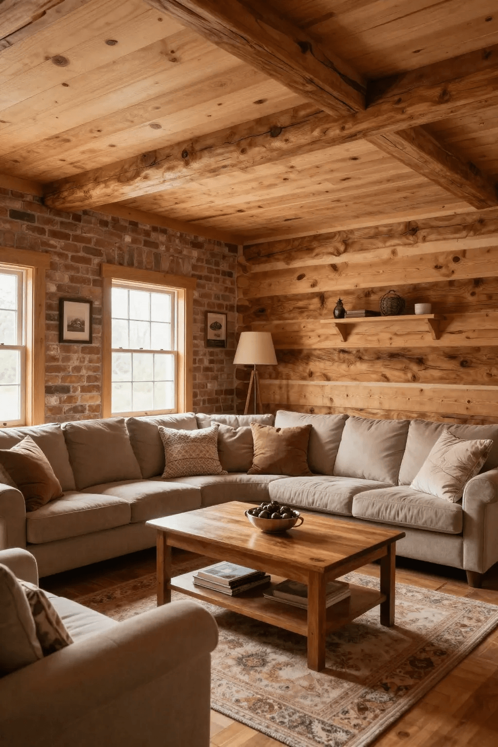 The image showcases a rustic living room featuring natural wood paneling an exposed brick wall and a log cabin wood feature wall creating a warm and inviting atmosphere The design elements highlight the charm of a cozy space perfect for relaxation and family gatherings