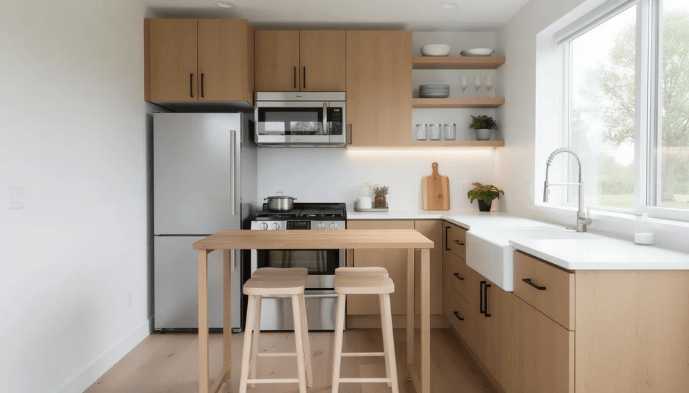 The image showcases the interior of a modern tiny home kitchen featuring elegant wood cabinets sleek stainless steel appliances and an efficient use of space embodying the principles of tiny living This design reflects the quality craftsmanship often found in tiny house builders like Mint Tiny House Company and Tumbleweed Tiny House Company emphasizing both style and functionality in a compact area