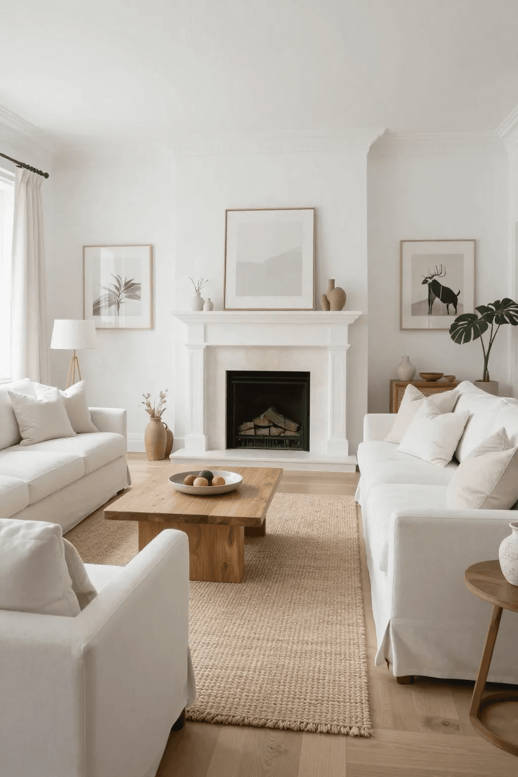 The image depicts a gorgeous white living room featuring white walls and a bright airy atmosphere enhanced by natural materials and soft textures The elegant space includes a cozy sofa adorned with plush pillows a jute rug and a stylish stone fireplace creating an inviting focal point that reflects a contemporary design aesthetic