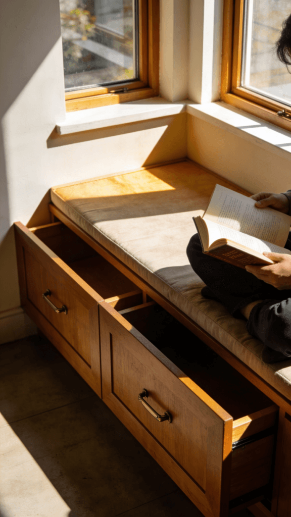 Window seat book nook A person reading a book on a window seat nook