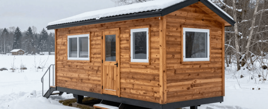 A small winter tiny home in a snow
