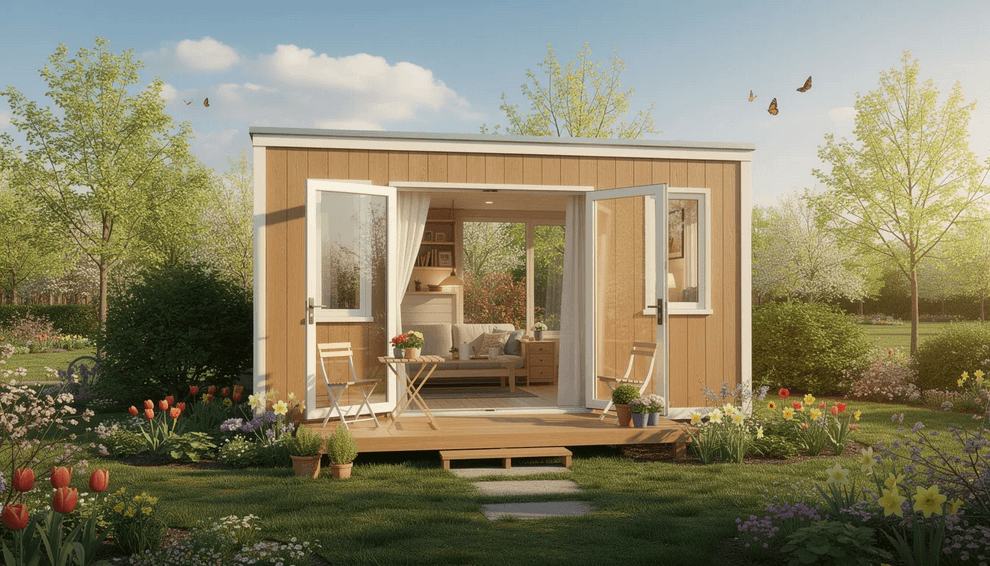 Wooden spring tiny home The image showcases a spring tiny home featuring large windows that invite natural light and a cozy porch that seamlessly connects the indoor space with the outdoor beauty of the season This tiny house emphasizes a modern design with easy maintenance allowing for a comfortable lifestyle while enjoying the charm of nature