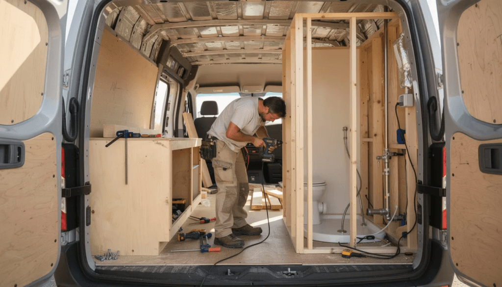 A person is working inside a van conversion project focusing on the visible bathroom framing that includes a compact c head composting toilet setup The framed area highlights essential components like the urine diverter and the materials used for efficient waste management making it suitable for tiny houses and traveling lifestyles