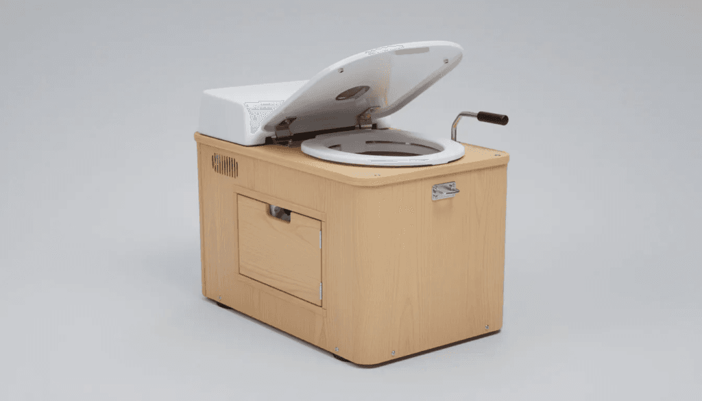 The image features a C Head composting toilet a compact and clean solution designed for tiny houses boats and vans It showcases the toilet's unique features, including a urine diverter and a compartment for solid waste, emphasizing its efficiency in eliminating waste while minimizing smell.