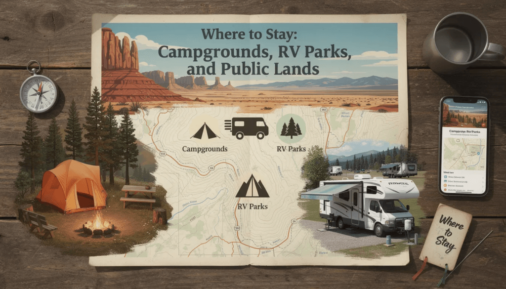 Image An inviting scene showcasing various camping options including RV parks campgrounds and glamping tents set against a backdrop of nature This image highlights the unique experiences available for families and friends on a road trip with amenities such as swimming pools and electric hookups perfect for a peaceful night under the stars