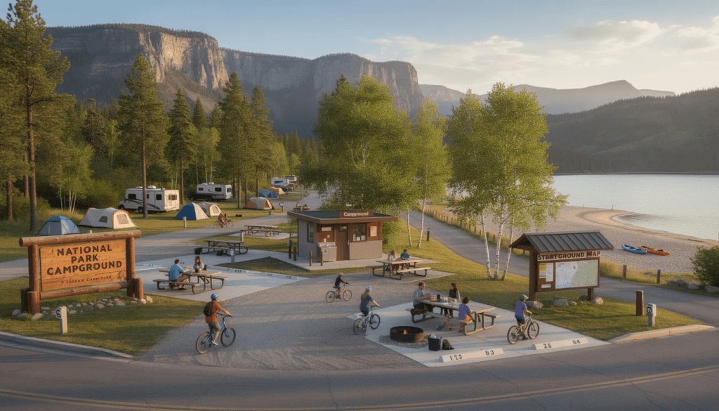 Image The image depicts a scenic public campground nestled within a national park featuring RV sites surrounded by lush trees and a serene landscape Families and friends enjoy their camping adventures with amenities like picnic tables and fire pits perfect for a memorable road trip experience