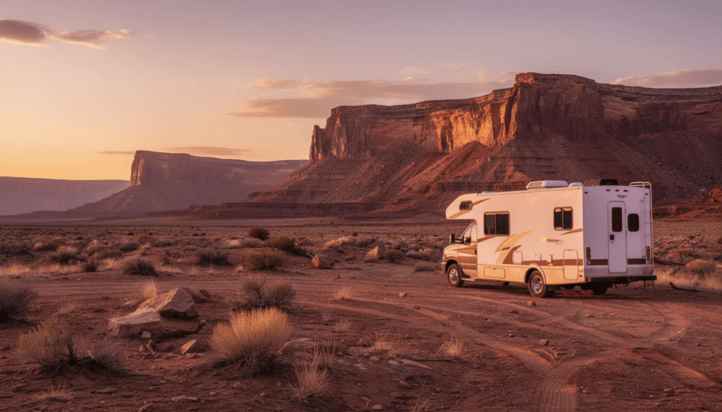Image A motorhome is parked on expansive desert BLM land surrounded by striking red rock formations as the sun sets casting a warm glow over the scene This unique camping experience offers a peaceful retreat in nature perfect for road trips and adventures with family and friends