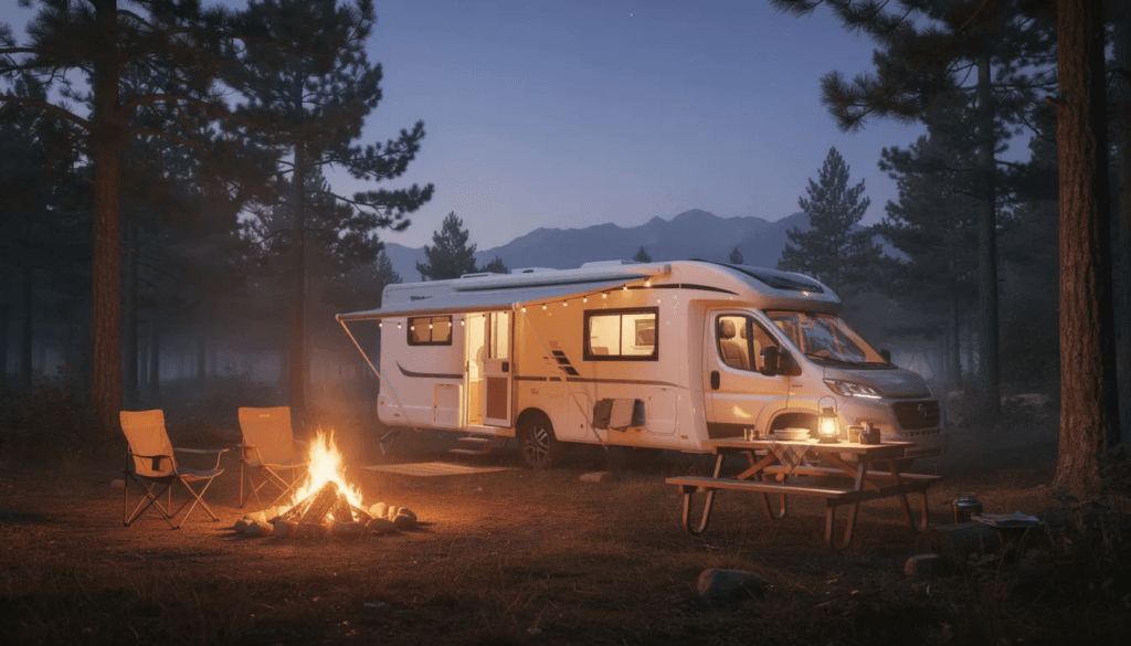 Image The image depicts a picturesque scene of motorhome camping at a scenic RV park surrounded by lush nature and tall trees where families and friends gather around a campfire under a starry night sky Nearby glamping tents offer a unique experience while well maintained amenities such as showers and electricity enhance the comfort of this outdoor adventure