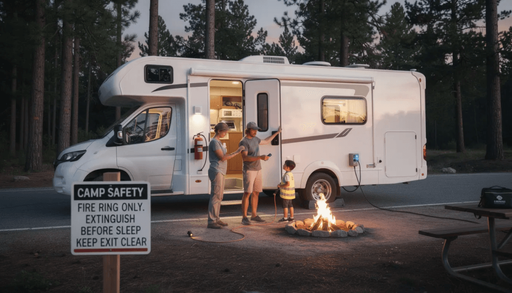 Image The image depicts a family enjoying a motorhome camping trip at a scenic national park surrounded by nature and tall trees with their RV parked nearby The scene captures the essence of adventure and exploration showcasing amenities like a campfire setup and glamping tents for a unique camping experience
