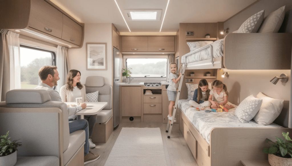 Image The image showcases a spacious family RV featuring bunk beds for kids a queen size bed in the master bedroom and a convertible dinette for multiple sleeping arrangements The interior is equipped with a full kitchen bathroom amenities and a cozy living area making it perfect for family adventures on the road