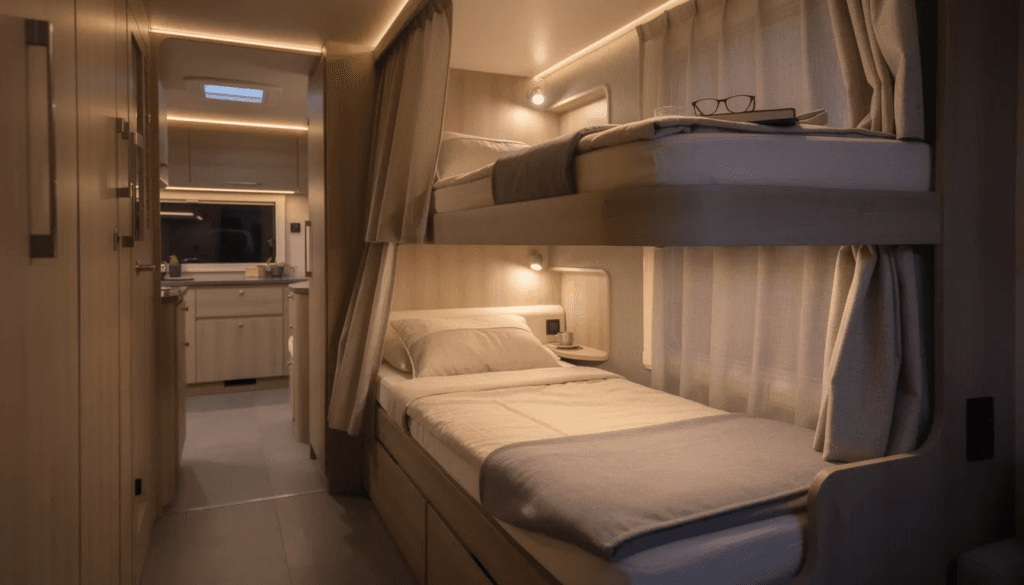 Image The image features the interior of an RV showcasing cozy bunk beds with soft curtains illuminated by gentle lighting creating a warm and inviting atmosphere for families or groups This RV offers multiple sleeping arrangements perfect for kids and adults alike making it an ideal choice for your next adventure