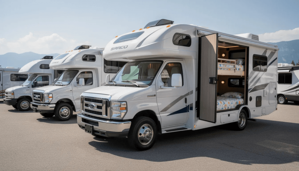 Image The image showcases a Class C Family Sleeper RV featuring bunk beds a queen size bed in the master bedroom and a spacious living area with multiple sleeping arrangements This motorhome is equipped with a full kitchen including a full size fridge and stove making it perfect for family adventures and trips at your own pace