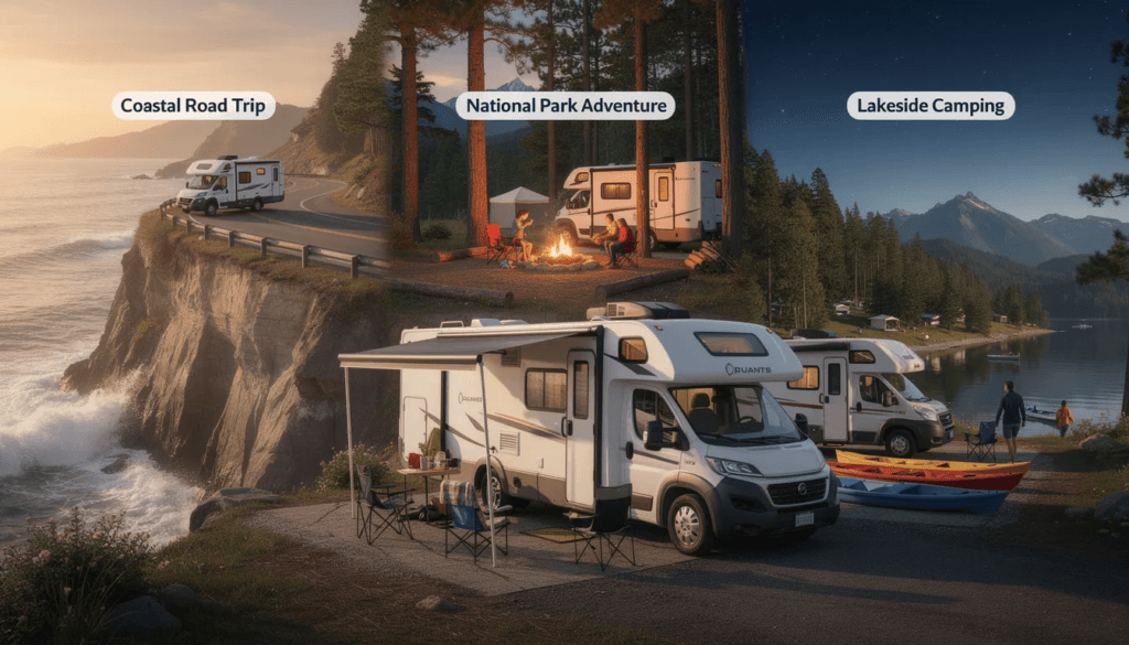 Image The image showcases a spacious Class C RV equipped with multiple sleeping arrangements including bunk beds and a queen size bed ideal for family adventures The interior features a full kitchen with a refrigerator stove and microwave alongside a comfortable living area that invites relaxation after a day of exploring