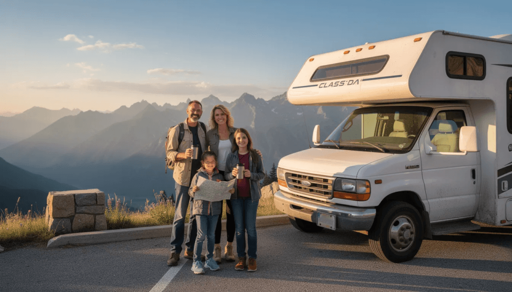 Image A family stands outside a Class C RV at a scenic overlook with majestic mountains in the background The RV features multiple sleeping arrangements including a queen size bed and bunk beds perfect for their adventurous journey