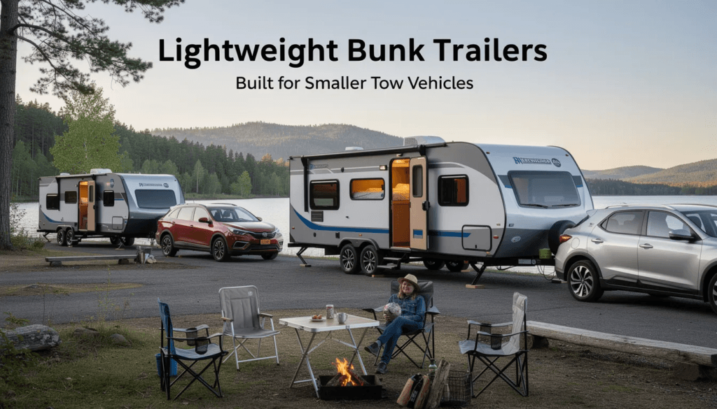 Image The image depicts a lightweight bunk trailer designed for smaller tow vehicles featuring multiple sleeping arrangements including bunk beds and a queen size bed The spacious living area is equipped with a full kitchen bathroom amenities and a convertible dinette making it ideal for family camping adventures