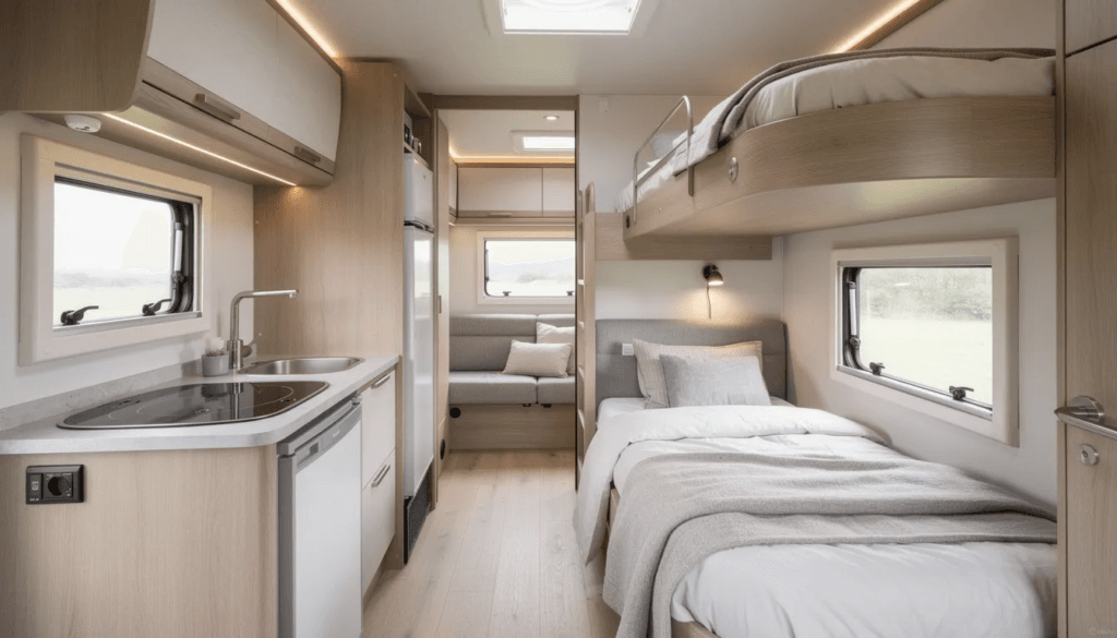 Image The image features a spacious bunk bed RV showcasing multiple sleeping arrangements including bunk beds and a queen size bed in the master bedroom The interior is equipped with a full kitchen bathroom amenities and a cozy living area perfect for family adventures on the road