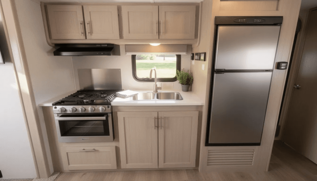 Image The image showcases a well equipped RV kitchen interior featuring a stove full size refrigerator and sink area designed for convenience and functionality during your adventures This space is ideal for preparing meals on the go making it perfect for families or groups looking for multiple sleeping arrangements and spacious amenities in their RV rental