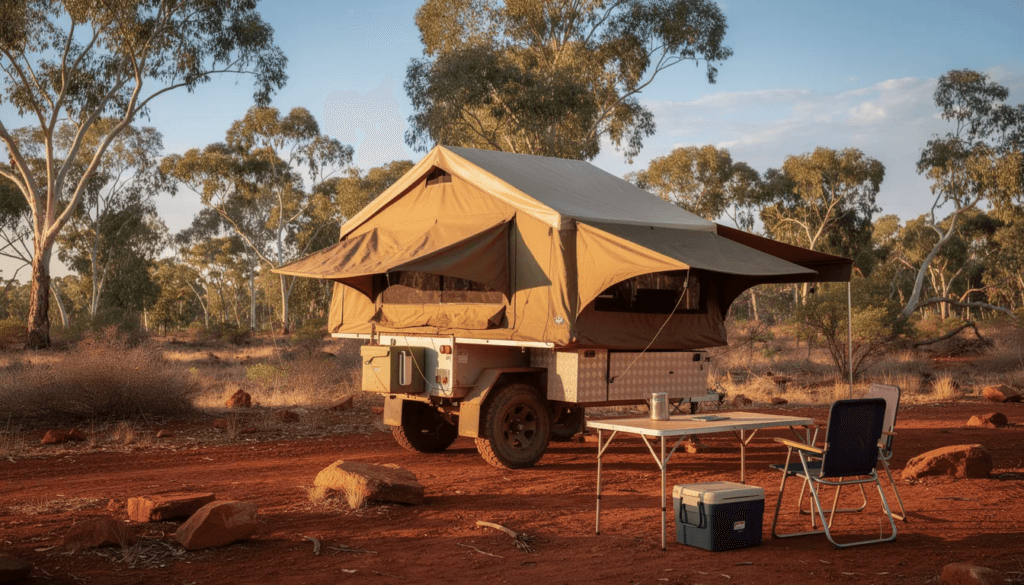 A forward fold camper trailer is set up in the serene Australian bushland surrounded by tall eucalyptus trees showcasing its spacious tent area and outdoor kitchen This travel trailer is ready for adventure offering essential amenities like sleeping space and storage for a comfortable camping experience