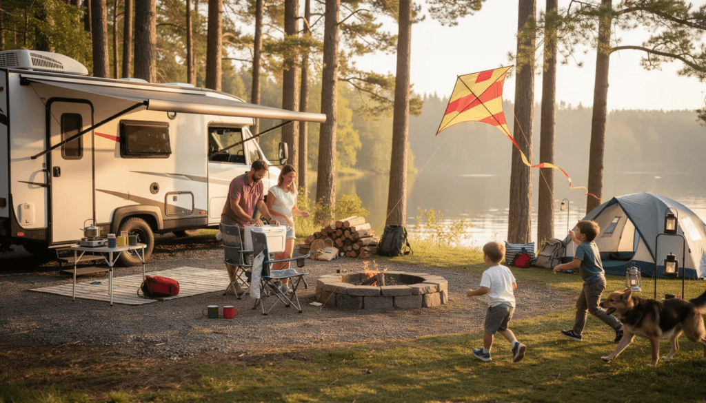 A family is setting up their camper trailer in a picturesque campsite with children joyfully playing nearby The scene captures the essence of adventure and outdoor living showcasing the camper as a spacious and comfortable option for family outings
