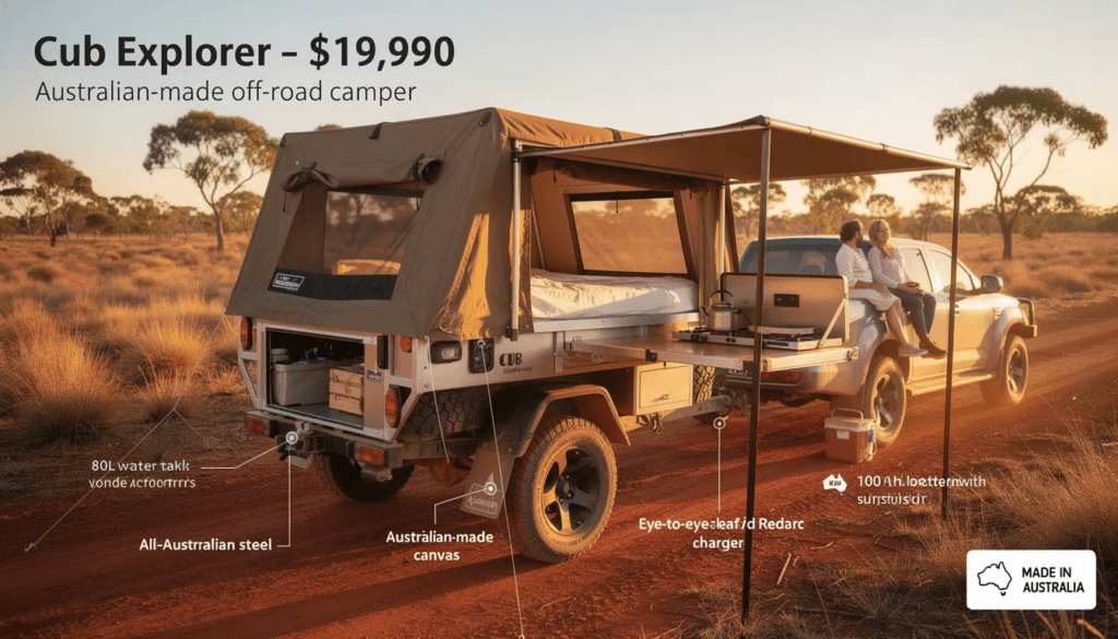The image showcases the Cub Explorer camper trailer priced at 990 highlighting its rugged design and Australian made quality With features like a two burner slide out kitchen ample storage and a lightweight build of around 750kg Tare this off road ready camper is ideal for adventure seekers looking for budget friendly options
