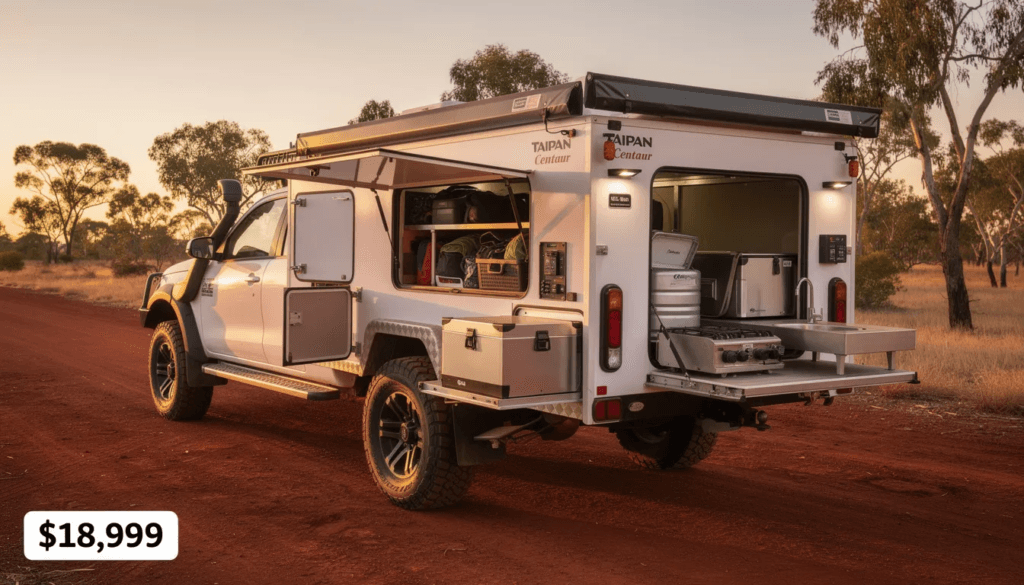 The image showcases the Taipan Centaur camper trailer priced at 999 featuring a robust hot dipped galvanised chassis and a sleek baked enamel body finish It highlights its practical storage solutions including a large slide out compartment and a stainless kitchen with burners and sink making it an ideal choice for adventure seekers looking for a comfortable upgrade from tent camping