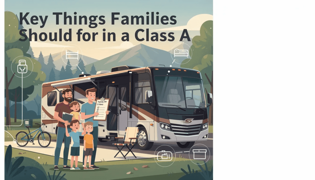The image illustrates a checklist of key features families should consider when selecting a Class A motorhome highlighting aspects like spacious interiors ample storage and various sleeping spaces such as bunk beds and sofa beds This visual guide serves to help families find the best class of RV models that cater to their needs for comfort and convenience on the road
