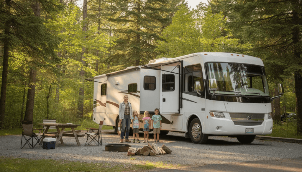 A large white Class A motorhome is parked at a forested campground with a family of four standing near the entrance enjoying their weekend getaway The spacious interior of the motorhome offers ample storage and sleeping space making it an excellent choice for families looking to travel comfortably