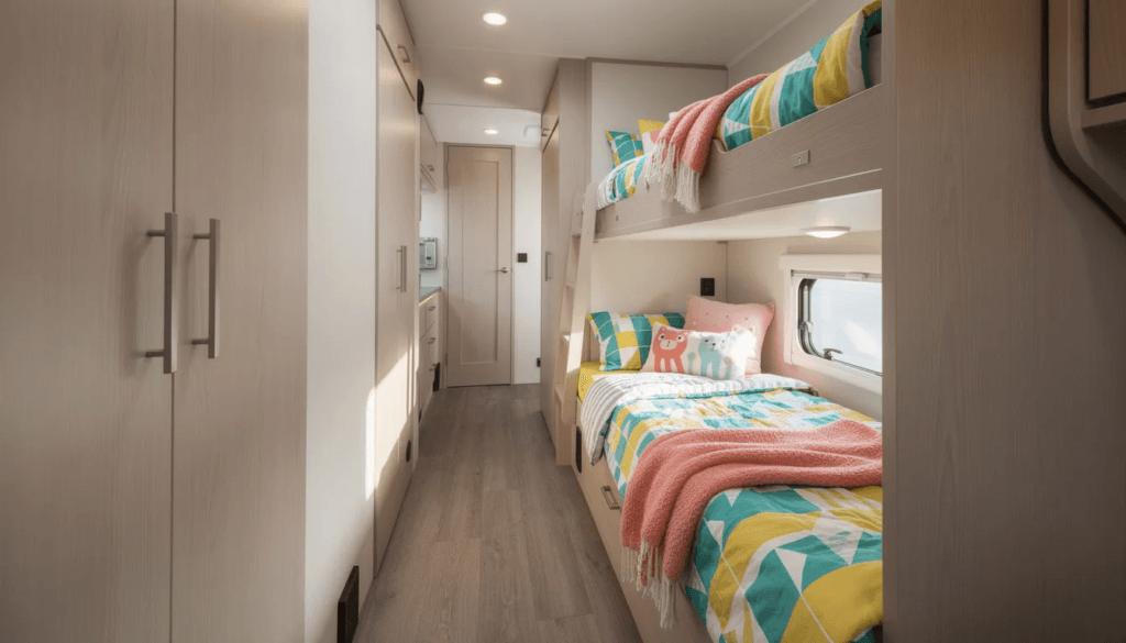 The image shows the interior of an RV featuring cozy bunk beds with colorful bedding a narrow hallway and ample storage options ideal for large families The spacious interior is designed to provide comfortable sleeping space for kids and family members making it a great choice for weekend getaways
