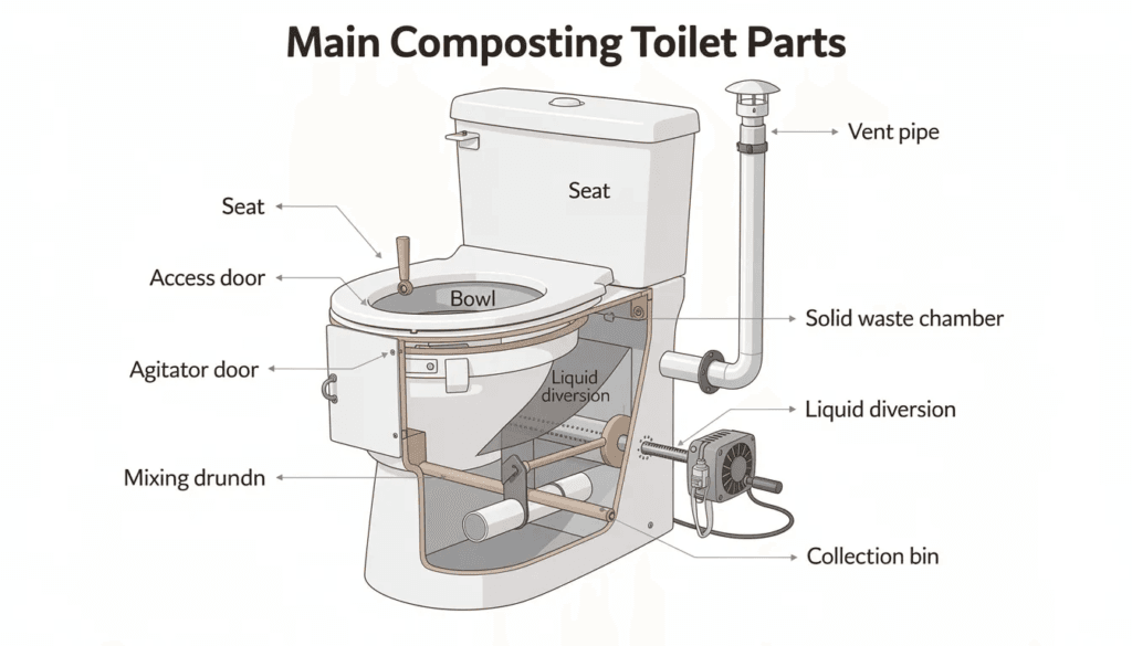 The image displays the main parts of a composting toilet including a toilet seat a urine diverter and a covered container for solids and liquids all designed to optimize space and maintain convenience in tiny houses Various accessories are shown that enhance the functionality of the composting toilet providing multiple options for installation and use