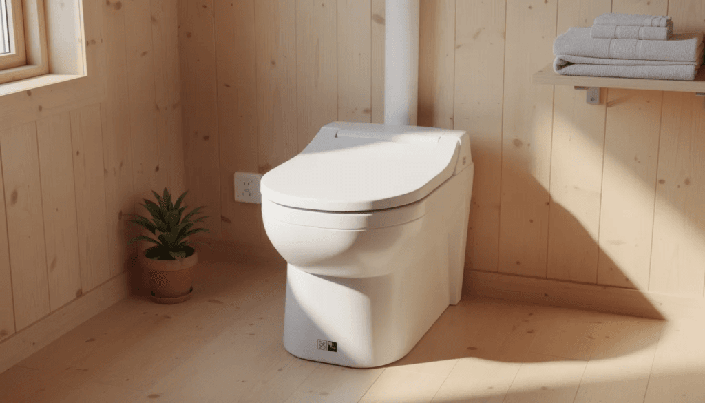 The image depicts a modern composting toilet designed for tiny houses featuring a comfortable toilet seat and a urine diverter to separate liquids Various toilet accessories are shown including containers and a covered hole for easy maintenance highlighting multiple variants available for purchase