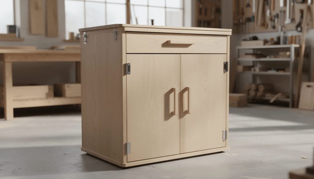 The image shows a wooden composting toilet cabinet situated in a bright workshop featuring clean panels and visible access doors ideal for easy maintenance and installation This compact design is perfect for tiny houses and offers multiple variants and accessories to enhance functionality