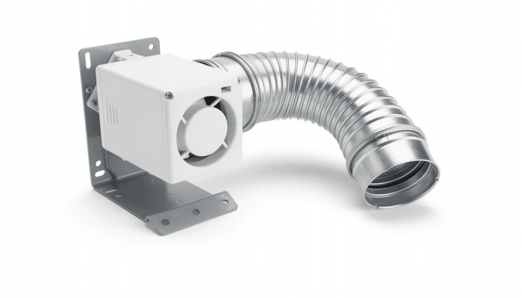 The image shows a small ventilation fan unit designed for composting toilets featuring a flexible duct pipe attached for efficient air circulation along with a mounting bracket for easy installation This accessory enhances the functionality of toilet systems in tiny houses by optimizing airflow and maintaining a comfortable environment