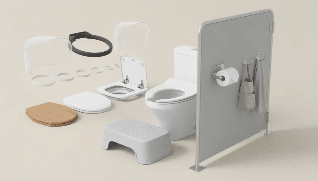 The image showcases various toilet accessories designed to enhance the comfort and hygiene of composting toilets including multiple variants of toilet seats splash guards sealing rings step platforms and privacy panels These easy to install upgrades aim to provide a more pleasant user experience in tiny houses or any space utilizing composting toilet systems