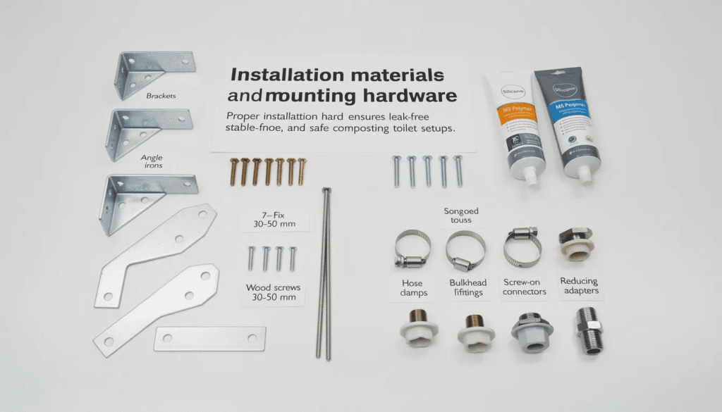 The image shows various installation materials and mounting hardware essential for composting toilets including brackets angle irons wood screws sealants hose clamps bulkhead fittings and screw on connectors These components are crucial for ensuring a stable and leak free setup in tiny houses or other spaces utilizing composting toilet systems