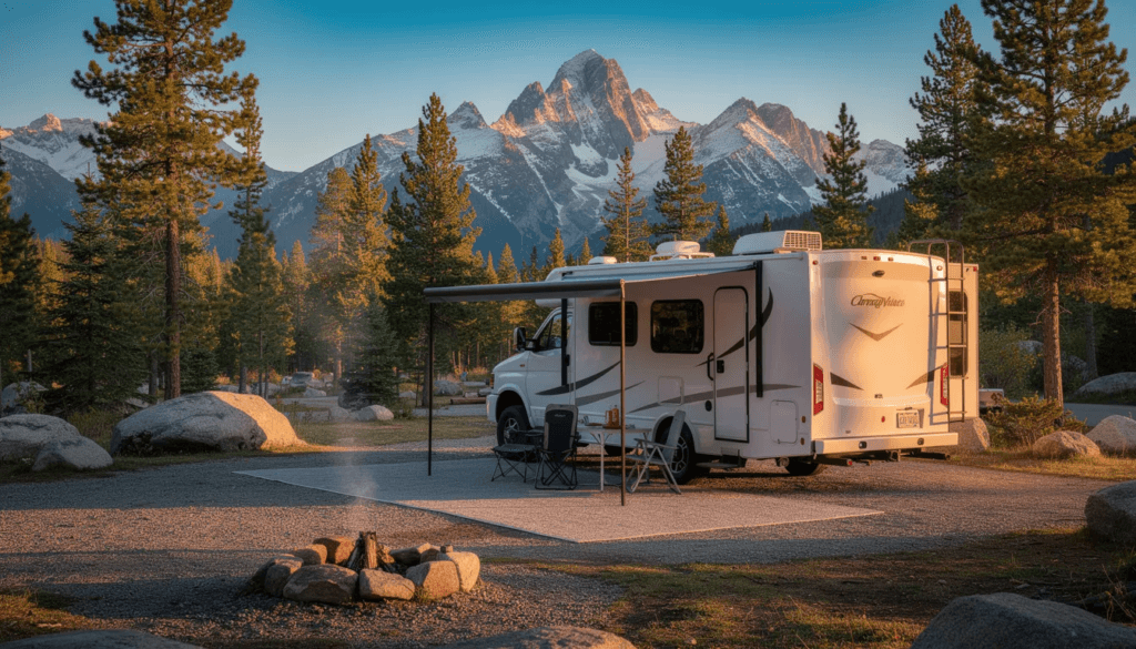 Image A modern recreational vehicle is parked at a scenic mountain campground surrounded by tall trees and stunning mountain views The RV is equipped with an incinerator toilet providing a hygienic waste disposal solution for RV owners enjoying the great outdoors