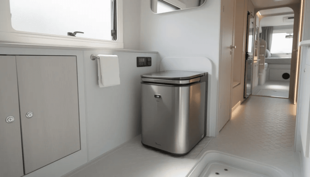 Image The image depicts an incinerator toilet installed in an RV showcasing its compact design and features like a flush button and exhaust pipe This innovative solution for toilet waste management offers RV owners a hygienic alternative to traditional toilet solutions utilizing propane for incineration and leaving behind sterile ash for easy disposal