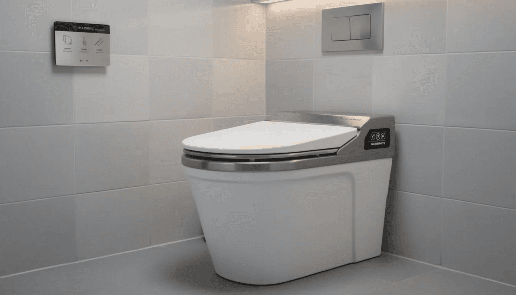 Image The image features a modern incinerator toilet designed for RV owners showcasing its sleek design and components such as the bowl lid and exhaust pipe This eco friendly toilet solution effectively manages human waste by incinerating it into sterile ash eliminating the need for traditional waste tanks and providing a hygienic option for travel trailers