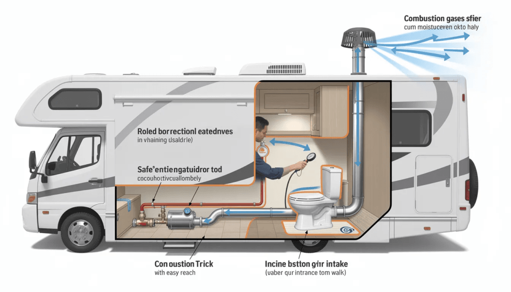 Image The image illustrates the installation requirements and safety considerations for an incinerator toilet in an RV highlighting essential components such as the sealed exhaust pipe extending above the roofline dedicated combustion air intake and clearances from combustible materials to prevent fire hazards It emphasizes the importance of adhering to manufacturer specifications and local codes for optimal installation and safety